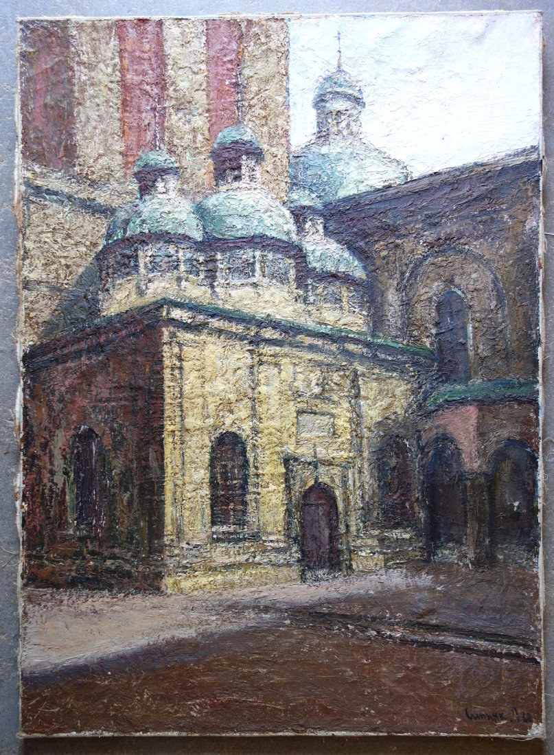 Large O/C Cathedral entrance signed Petro Sypniak -: Large O/C Cathedral entrance signed Petro Sypniak - Ukraine, born in 1959 (name translated from Cyrillic script on front and back of canvas). Dated 1988. Very good condition. 31.5" x 43.5".