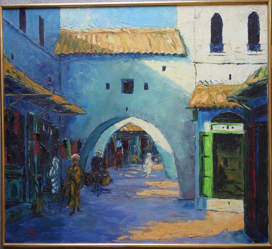Large colorful O/C Middle Eastern buildings and figures: Large colorful O/C Middle Eastern buildings and figures signed lower left J. Ferrer and on stretcher Jose Ferrer Ossining NY (Probably the movie actor Jose Ferrer 1912-1992 who had a residence in Ossi