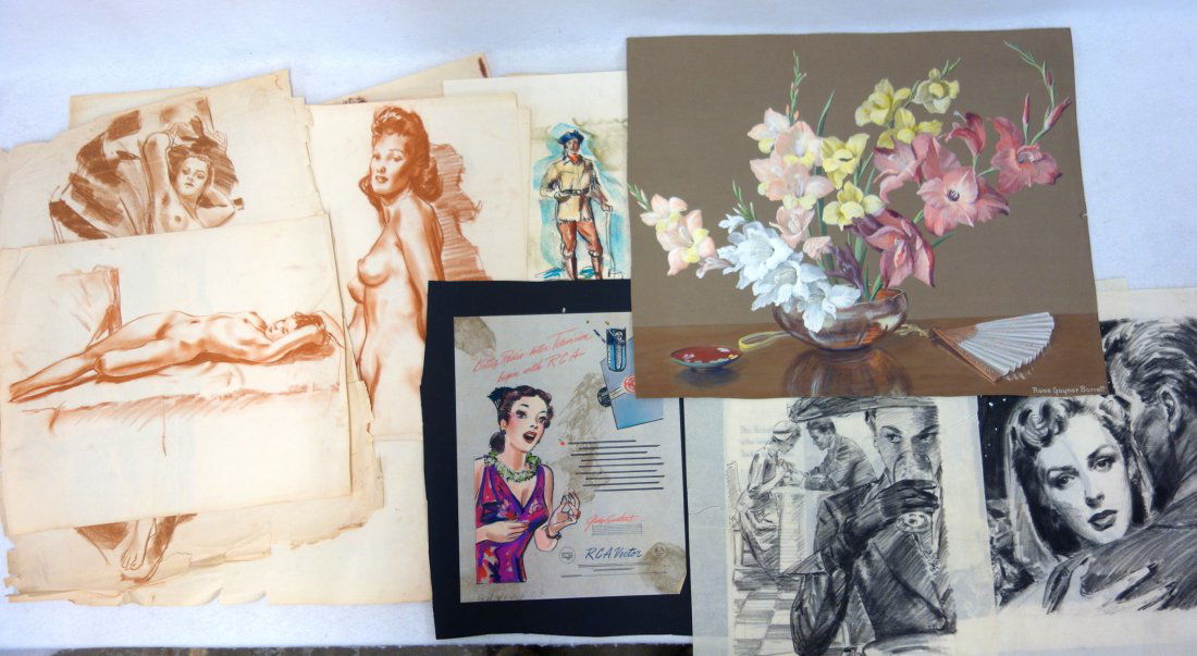 Large grouping miscellaneous artwork from the W.R.: Large grouping miscellaneous artwork from the W.R. Claxton estate, most attributed to him, including an original mixed media advertising for RCA Victor inscribed "Better Radio - Better Television - Be