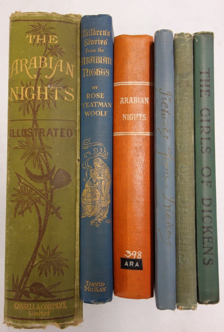 Six children's books: Six children's books including "The Arabian Nights' Entertainments" revised throughout and annotated by James Mason published by Cassell & Co. - circa 1890. - tooled leather cover with worn silver and