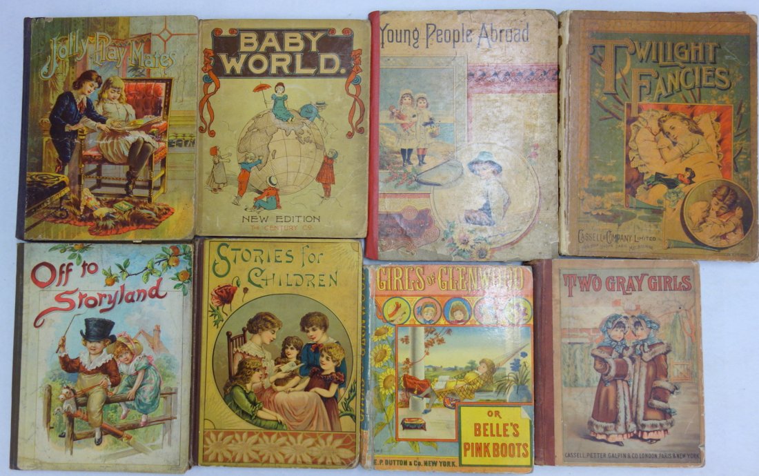 Eight Victorian kid's books: Eight Victorian kid's books including "Jolly Play Mates" 1890, "Girls of Glenwood" E.F. Dutton 1880, "Two Gray Girls" with illustrations by Kate Greenaway & M.E. Edwards - 1880, etc.