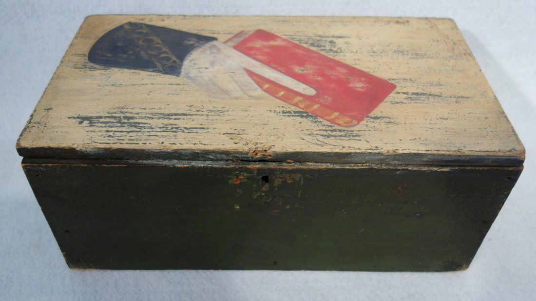 Primitive document box in old green paint with colorful (1 of 3)