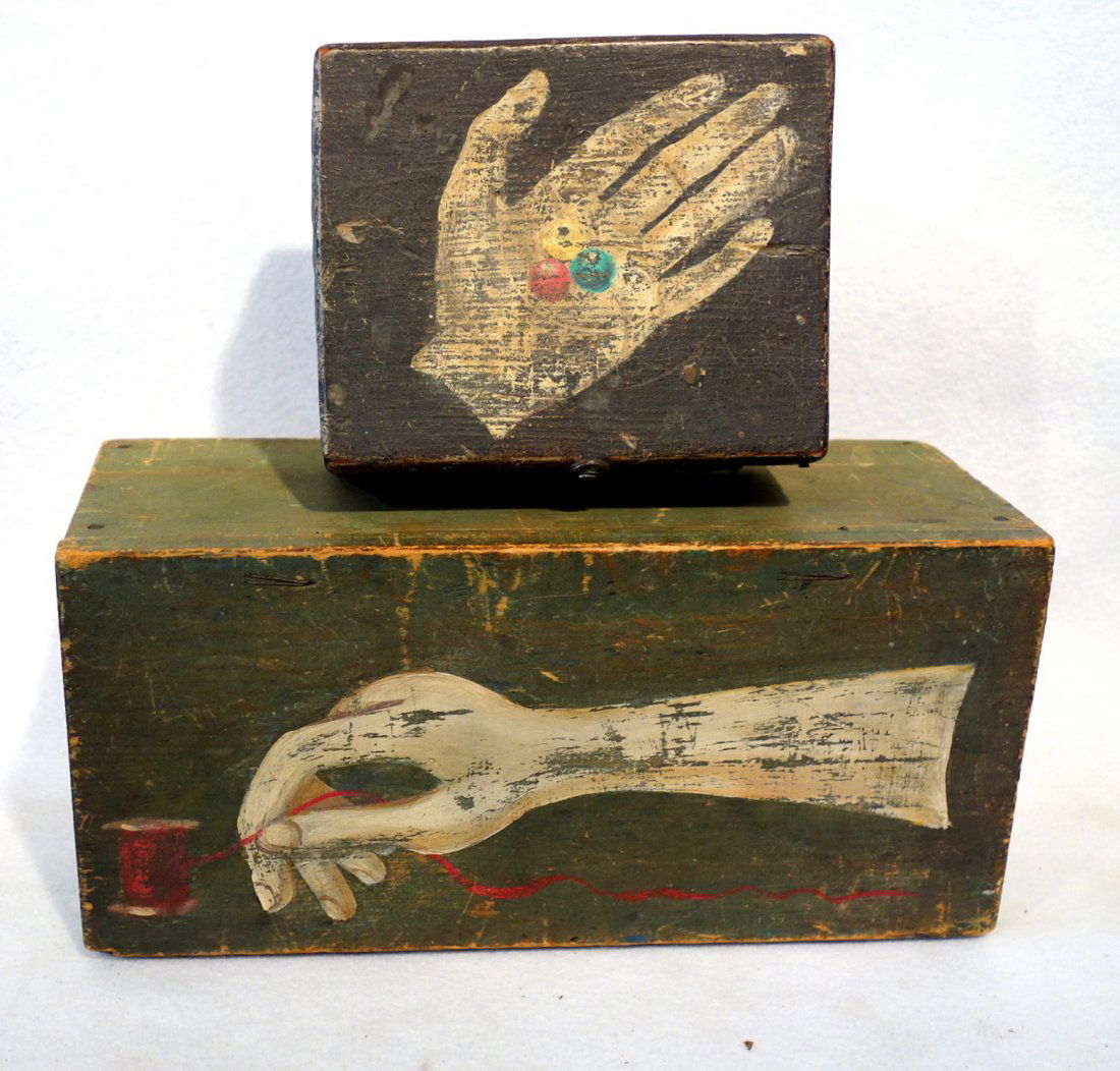 Two early wooden painted boxes, each with a later folk (1 of 6)