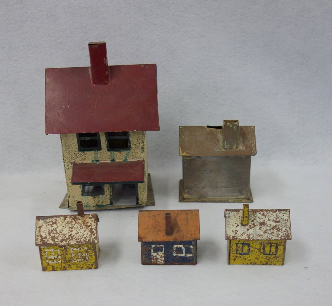 Seven miniature tin buildings, including 6 in original (1 of 7)