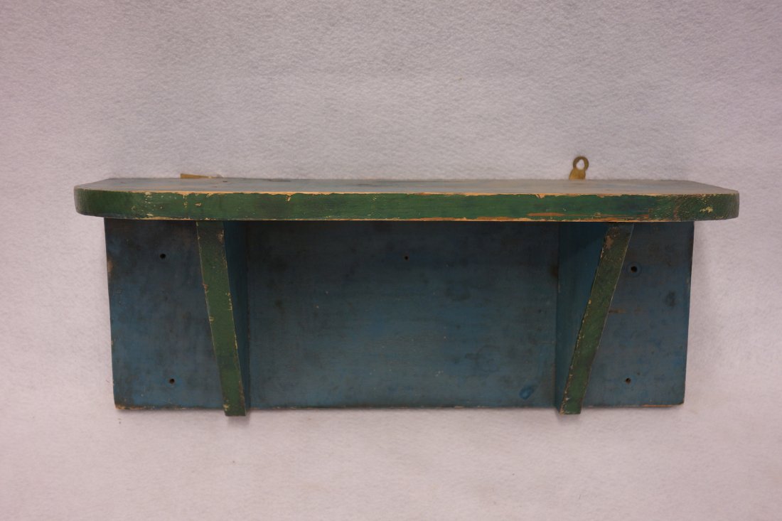 Small pine shelf unit in original blue paint with green (1 of 3)