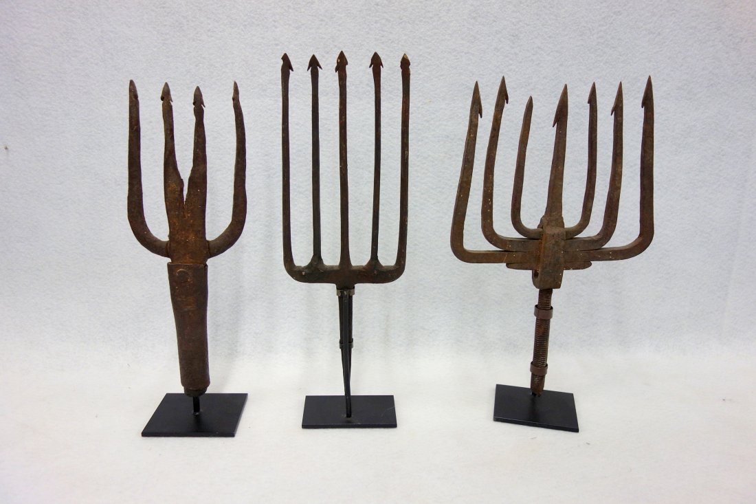 Grouping of 3 early hand forged iron eel/fish spears, (1 of 2)