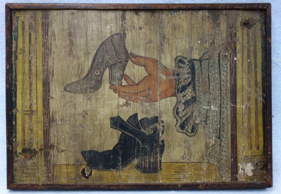 Early hand painted shoe maker's trade sign displaying a (1 of 4)
