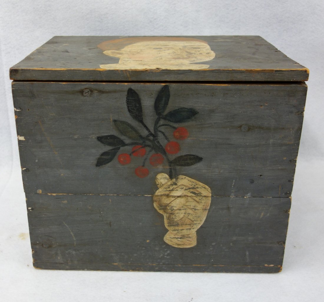 Old wooden storage box in old green paint with a hand (1 of 5)