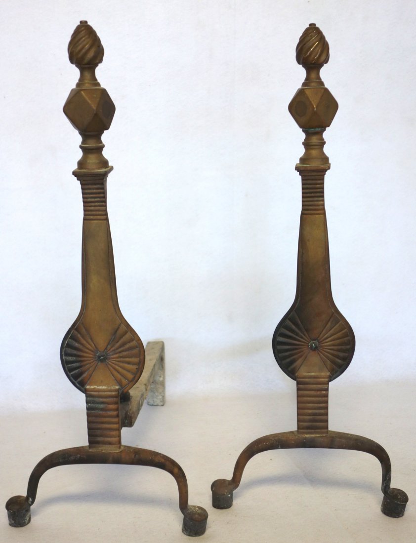 Pair of Queen Ann style brass andirons with penny feet: Pair of Queen Ann style brass andirons with penny feet and brass ball stoppers - 24.75"H. Excellent condition. Late 19th to early 20th century.