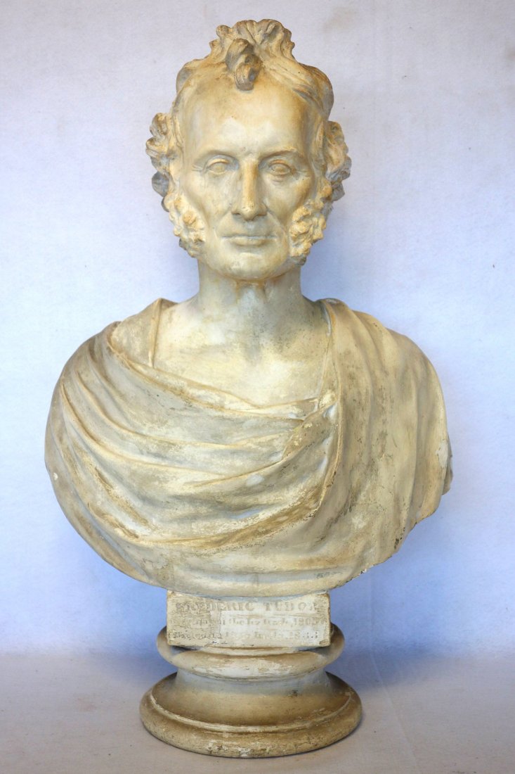 Large plaster bust of Frederic Tudor (Boston 1783 -: Large plaster bust of Frederic Tudor (Boston 1783 - 1864) founder of Tudor Ice Co., known as The Ice King. Sculpted by H. Dexter (Henry Dexter, Mass. 1806-1876). 30"H. Minor chips, small repairs, othe