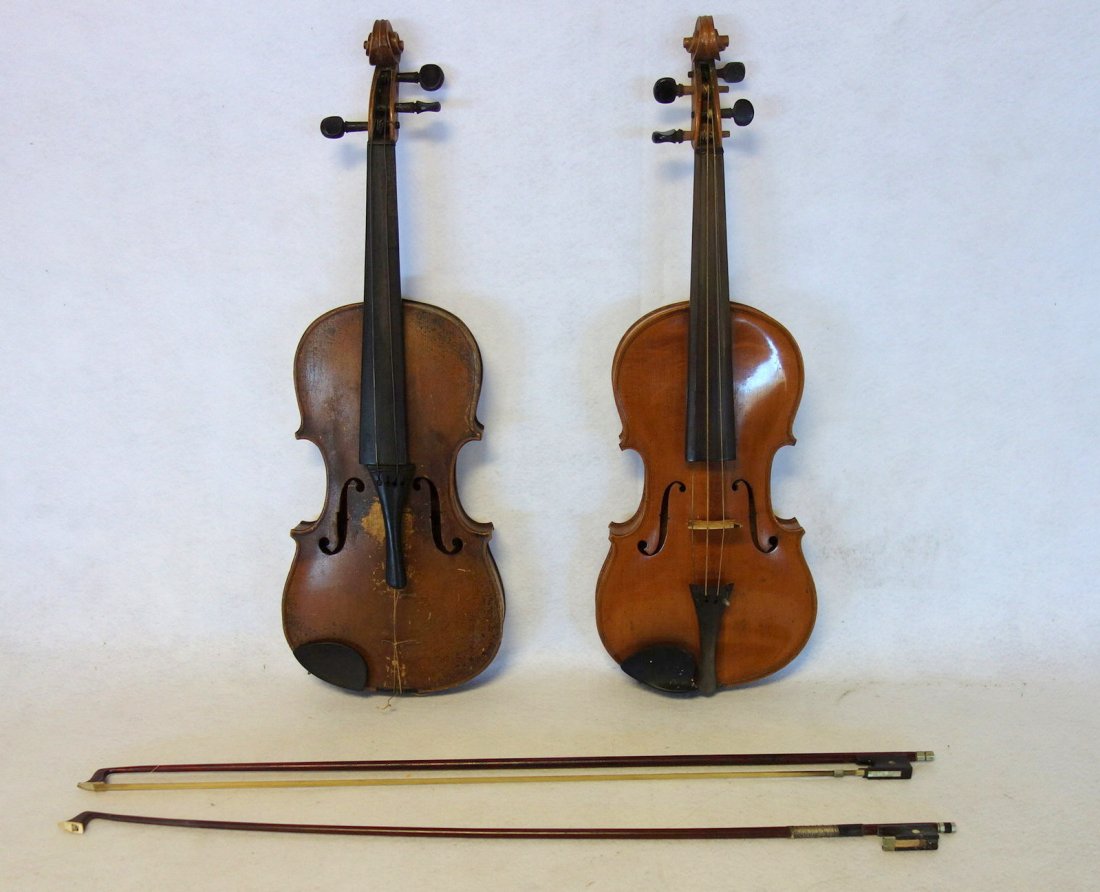 Two old violins: 1) One piece tiger maple back and: Two old violins: 1) One piece tiger maple back and sides - not signed - very good condition - original wooden case with bow. 2) Interior paper label with script signature "Carl Vulzar" - stamped signa