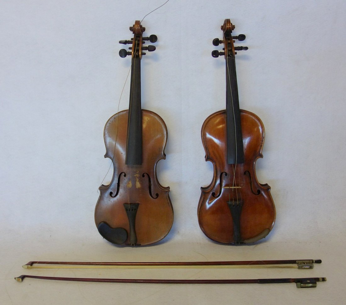 Two old violins: 1) Two piece tiger maple back, sides: Two old violins: 1) Two piece tiger maple back, sides and neck - Stamped AG on base of neck on reverse - string holders each with dot mother of pearl inlay - printed paper label on interior signed Fri