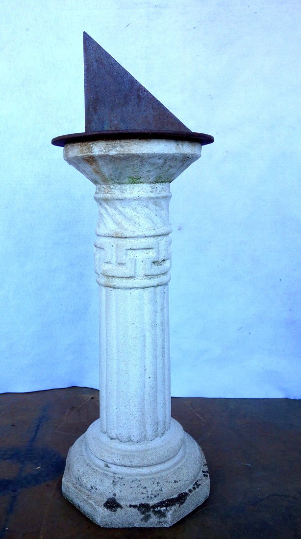 Cast iron sundial signed "J. Willetts N.Y. / L.41.40": Cast iron sundial signed "J. Willetts N.Y. / L.41.40" - late 19th century on a mid-20th century concrete pedestal. 25.25"H to top of pedestal. Minor surface rust, otherwise very good original conditio