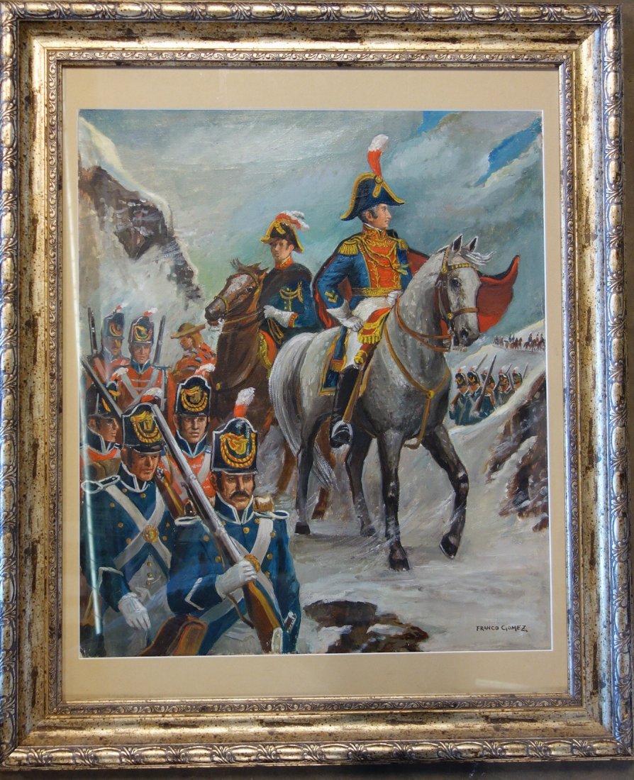 O/B Winter scene with marching army lead by Simon: O/B Winter scene with marching army lead by Simon Bolivar on horseback (Liberator of South American) - signed Franco Gomez (Chilean 1845-1880). Sight size 22.5" x 25". Excellent condition. This painti