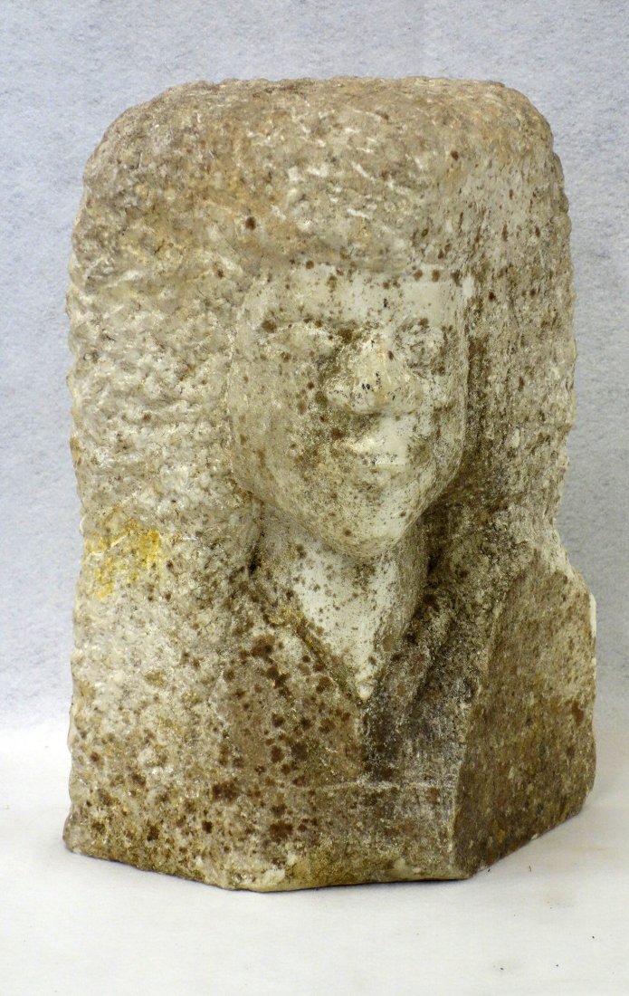 19th century carved stone bust of man: 19th century carved stone bust of what appears to be an African American man - signed S. S. Babson. 15"H x 11"W x 7"D. Very good condition. Reportedly found on the New Hampshire coast. Possibly relate