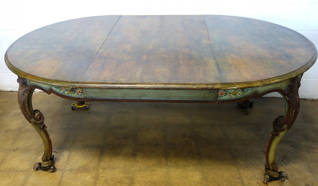 19th century French hand painted dining room table with: 19th century French hand painted dining room table with 8 matching chairs with cabriole legs with upholstered seats and backs. The table has a faux painted marble top with hand painted flowers along t