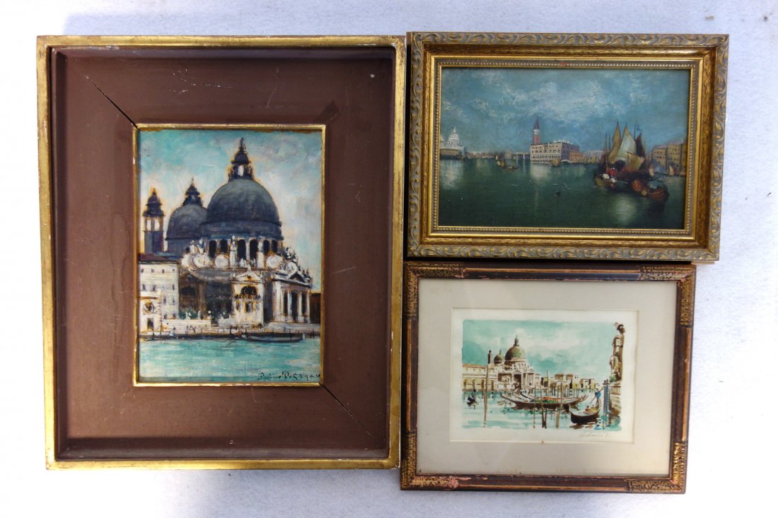 Three original artworks of Venice including an oil on: Three original artworks of Venice including an oil on masonite panel of Santa Maria della Salute signed Potenza (first name is indistinguishable due to paint thinning) - 7" x 9.5" - good condition cir