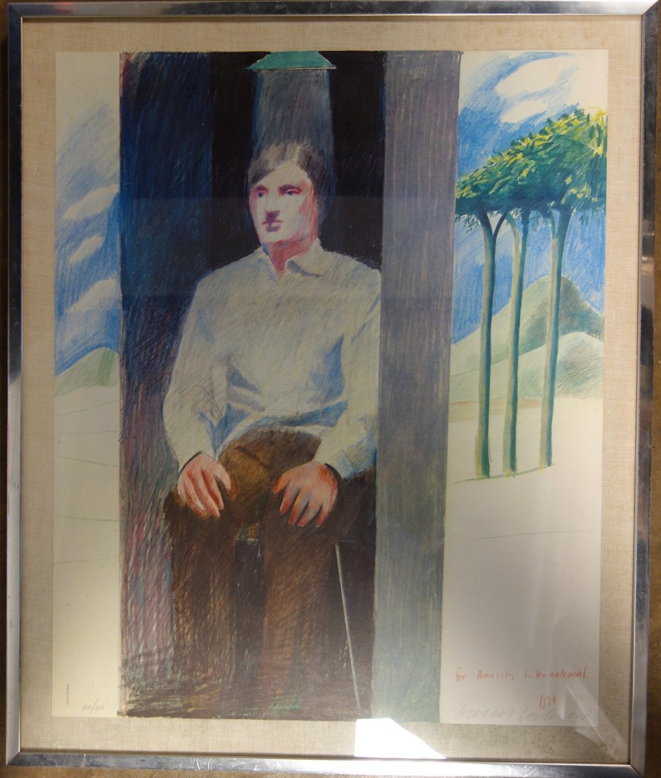 Pencil signed David Hockney (NY, Calif born 1937).: David Hockney (Pop Artist - NY, Calif, England - born 1937). Modernistic lithograph of "The Prisoner" published and pencil signed "David Hockney" in 1975 - limited edition signed 64/100 - also signed