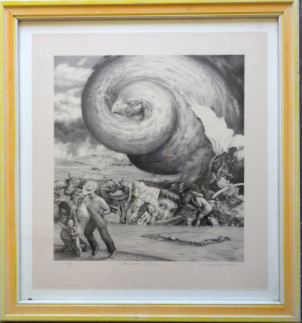 Mark Spencer - (Massachusetts b. 1949), Modern surreal: Mark Spencer - (Massachusetts b. 1949), Modern surreal limited edition lithograph entitled "Border Storms", pencil signed by artists 23/25 - 16" x 17 1/2". Very good condition. Provenance: Sam and Gra