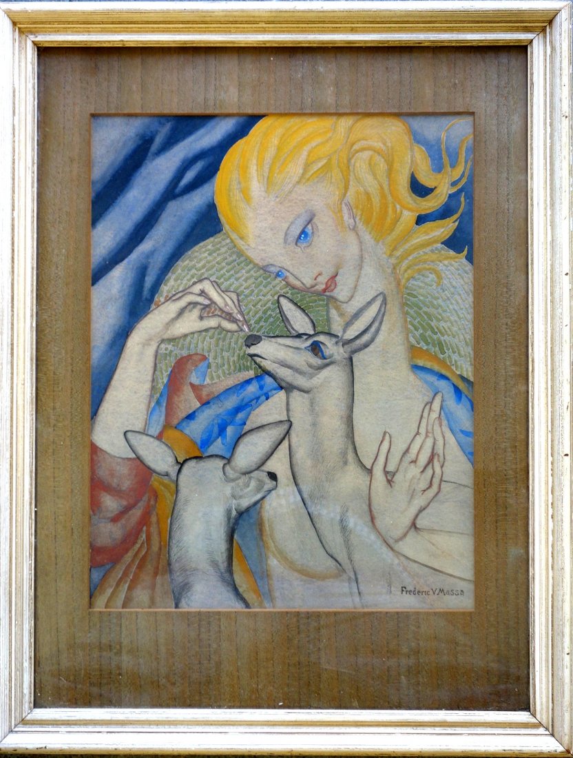 WPA mixed media painting of an Art Deco lady and two: WPA mixed media painting of an Art Deco lady and two deer signed "Frederic V. Massa" (NY 1909-1969). Circa 1930. 13" x 16 3/4". Good condition.