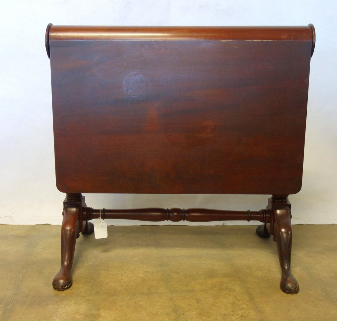 Sunderland mahogany cylinder table with long drop: Sunderland mahogany cylinder table with long drop leafs, Queen Ann style legs with pad feet. 19th century. 30 1/2"H x 30 3/4"L x 36"W with the leaves open. Good condition.