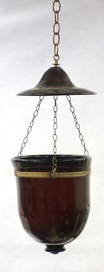 19th century amethyst hand blown glass hanging fixture: 19th century amethyst hand blown glass hanging fixture with smoke bell. Good condition. 9"D x 11"H (base)- no cracks or chips. Bell has a 1/8" chip in the glaze, probably from firing, but no cracks. O