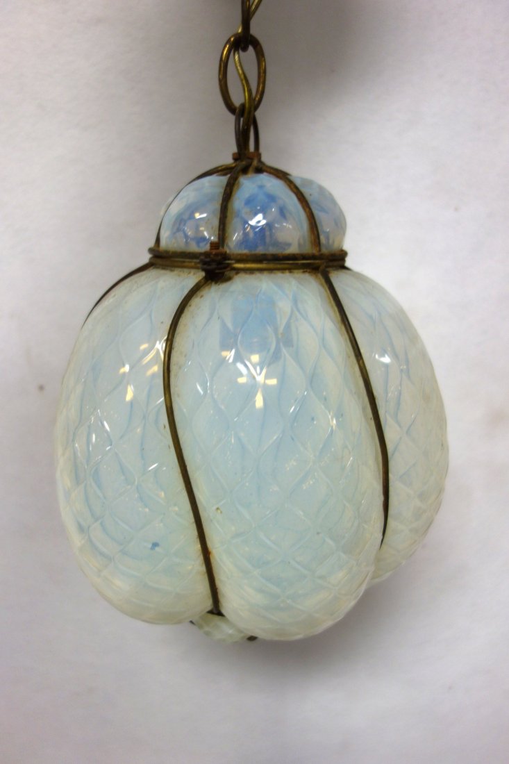White opalescent bulbous glass hall light, early 20th: White opalescent bulbous glass hall light, early 20th century - shade 10"H - very good condition.