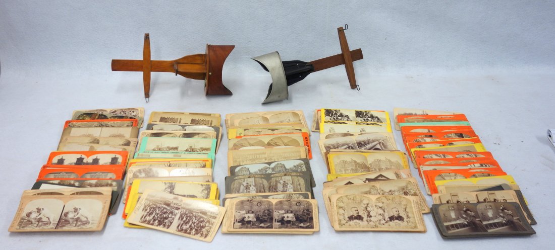 150 stereo view cards and 2 viewers. The cards include:: 150 stereo view cards and 2 viewers. The cards include: NYC; Black Americana; Saratoga NY; Florida; animals; children; trains; European views; etc. Good overall condition.