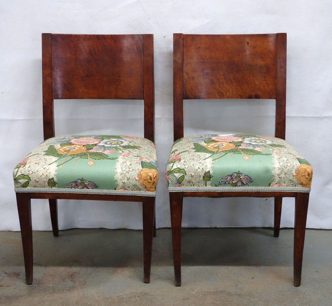 Matched pair of Hepplewhite side chairs, probably: Matched pair of Hepplewhite side chairs, probably French. Each with newly upholstered seats and curved 1 piece wooden back in birchwood. Both in very good condition.