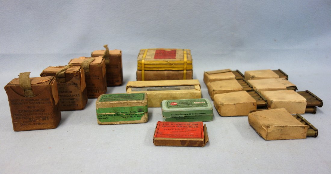 Grouping of 300+ rounds of old ammunition in original: Grouping of 300+ rounds of old ammunition in original boxes, most late 19th to 20th century including: 30 cal.;45-70; 32 cal; etc. Some boxes with graphic design.
