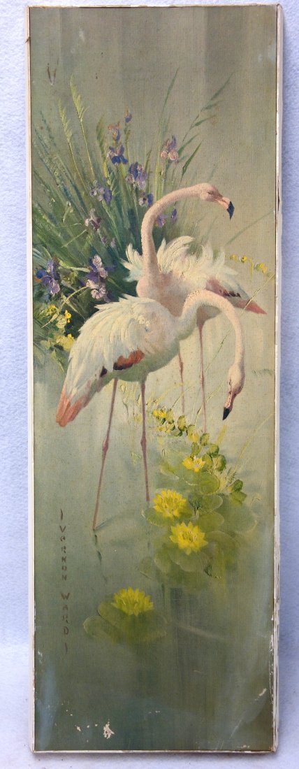 Vernon Ward, English 1905-1985. O/B of flamingos. 9: Vernon Ward, English 1905-1985. O/B of flamingos. 9 1/2" x 29 1/2". Some surface scratches near the bottom of the painting otherwise good condition.