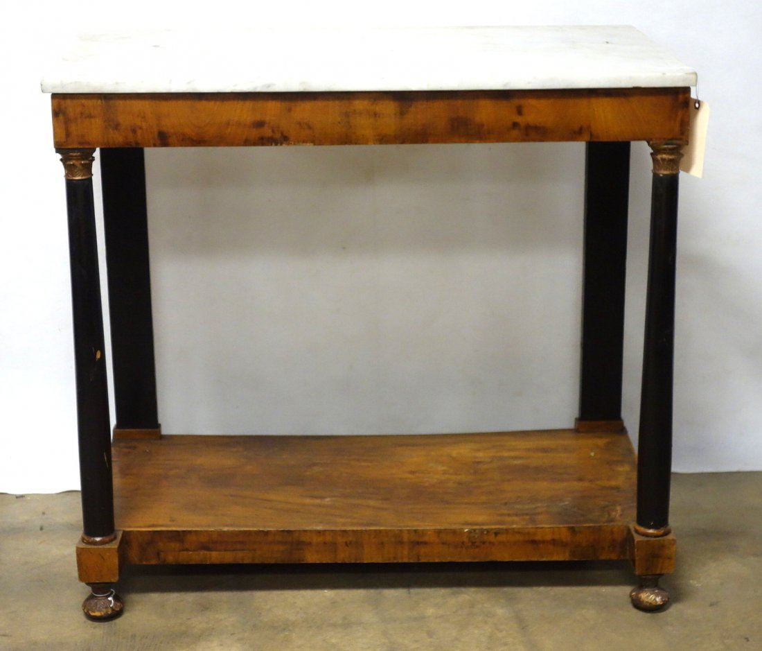 Classical marble top pier table with round columns and: Classical marble top pier table with round columns and ball feet - gold leaf highlights. 36 1/2"H x 39 3/4"W x 21 1/2"D. 19th Century. Good condition. Provenance: Sam and Grayson Hall. Sam Hall (1921-