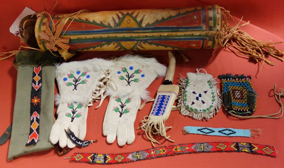Grouping of Native American beadwork items including: A: Grouping of Native American beadwork items including: A pair of Hudson Bay moose hide gloves; three beaded bags; a bone handled stone knife with a leather beaded sheathe, 4 1/2" blade; a watch fob; a