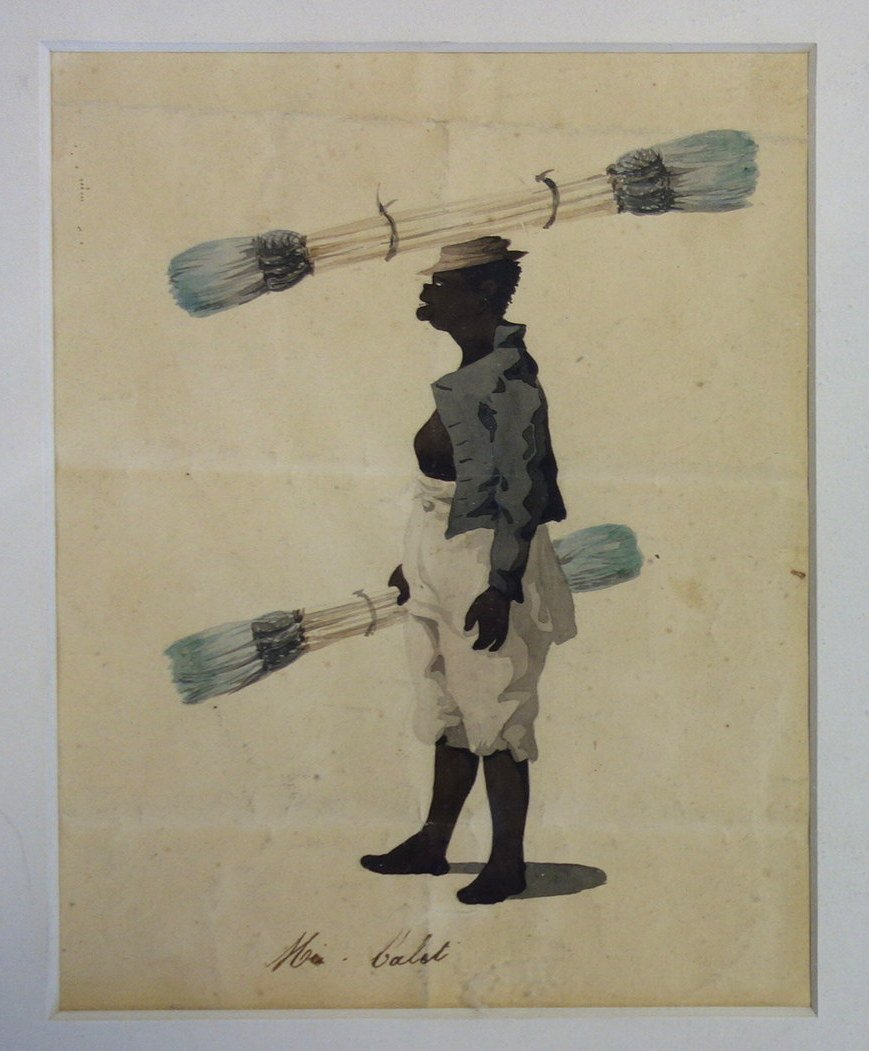 Framed 18th/19th century watercolor of a black man: Framed 18th/19th century watercolor of a black man carrying bundles of sugar cane entitled "Mr. Calet". 5 1/2" x 7".Folds to the paper otherwise good condition. Provenance: Sam and Grayson Hall. Sam H