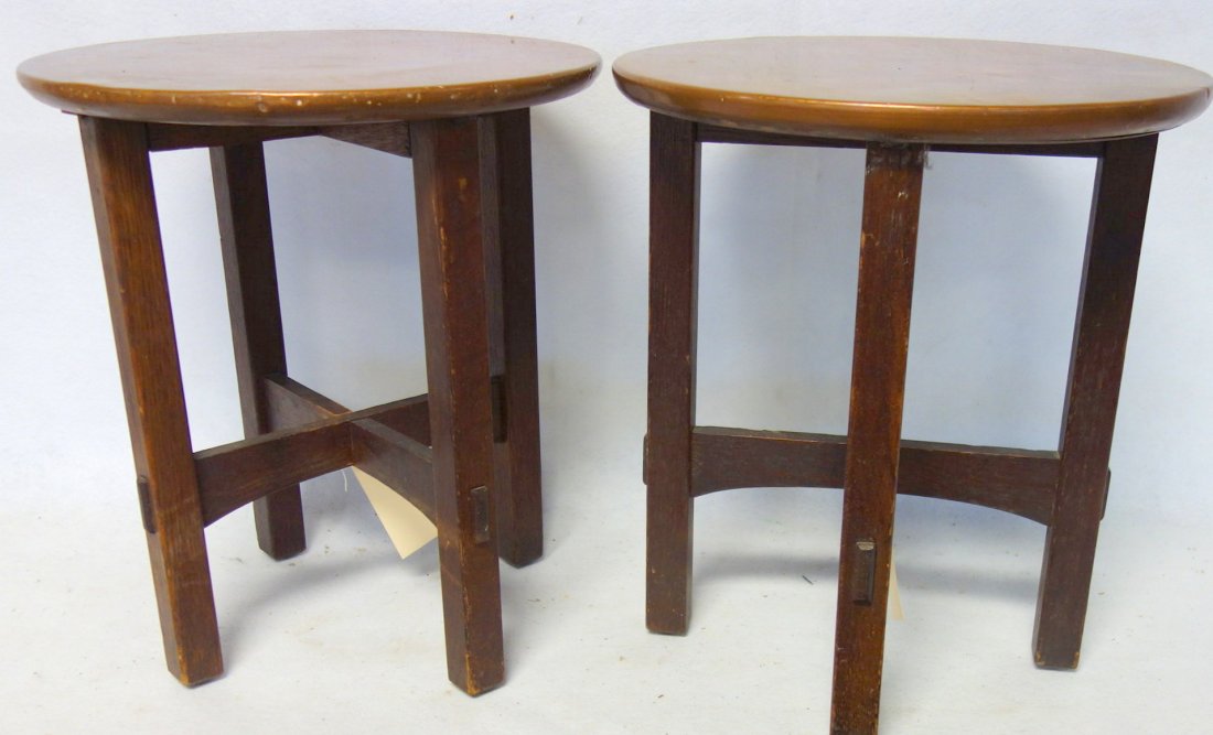 Pair of L&G Stickley stools with later copper wrapped: Pair of L&G Stickley stools with later copper wrapped tops - also included is one of the original tops (not attached). Early 20th century. 18 1/4"H x 16"D.