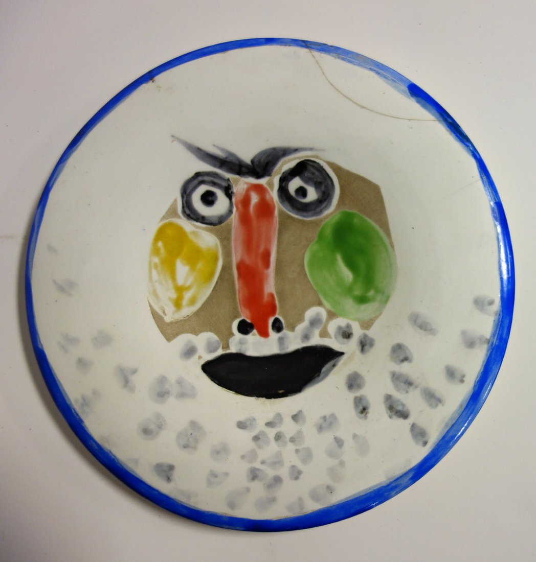 Picasso plate "No 203 Edition Picasso 31/150 Madoura" -: Picasso plate "No 203 Edition Picasso 31/150 Madoura" - 10" D - Note Condition - a half moon crack and repair upper right, a hairline crack extending 1 3/4" from the edge and two small chips only visi
