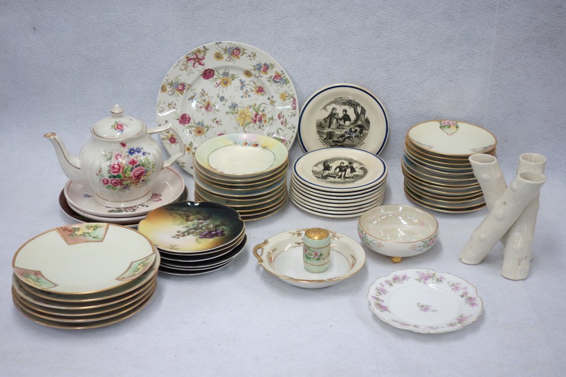 Large grouping of 50+ pieces of china, mostly small: Large grouping of 50+ pieces of china, mostly small fruit plates, some in sets, including: Nine French "Proverbes et Militaries"; Limoges; Noritake; Bavarian; etc. Most are in good condition. Provenan