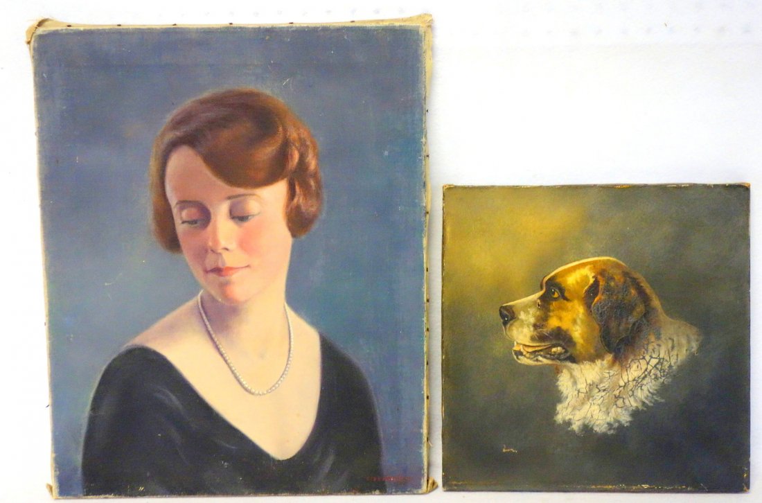 Two unframed portraits including an O/C dog - 19th: Two unframed portraits including an O/C dog - 19th century - some stabilized paint separation, 3 small holes (see photos), else good condition - 13.25" x 13.25"; together with a WPA style O/C portrait