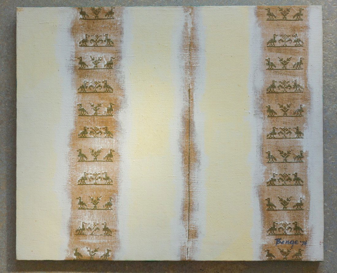 Boyce Benge (NY, 20th century) - unframed painted and: Boyce Benge (NY, 20th century) - unframed painted and cross-stitched canvas 1974. Signed Benge '74 on front. 20" x 24". Good overall condition. Provenance: Found in the attic of a Pawling NY estate, n