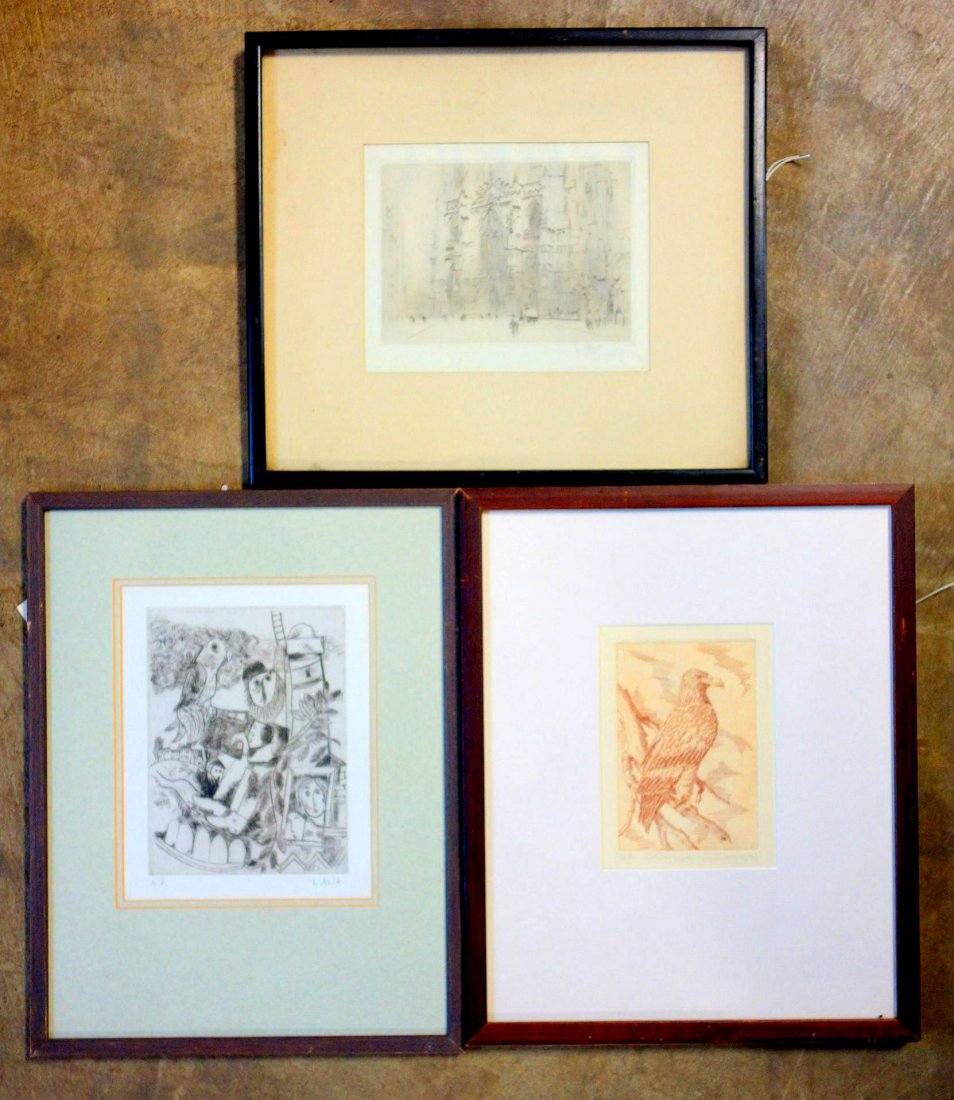 Three good etchings including: William Wolcot: Three good etchings including: William Wolcot (1874-1943) etching of a cathedral, pencil signed by artist - 5 1/2" x 7 1/2"; modernistic - man with parrot signed L. Roth - Artist proof - Hebrew label 