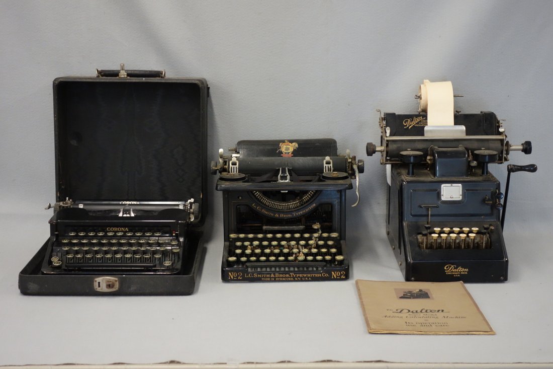 Three collectible items including: Smith Brothers No. 2: Three collectible items including: Smith Brothers No. 2 typewriter; a Dalton adding, listing & calculating machine with original instruction manual; and a Corona typewriter with original case. All are