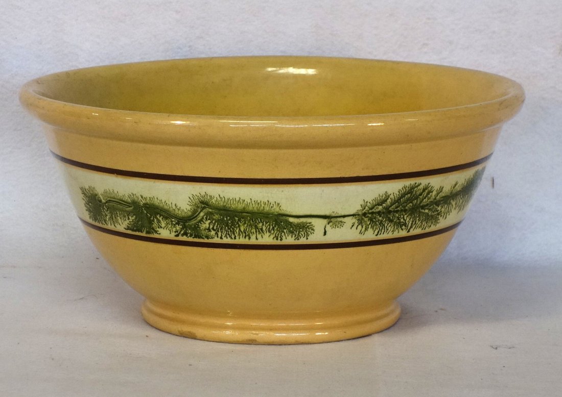 Large mocha decorated yellowware bowl with green (1 of 5)