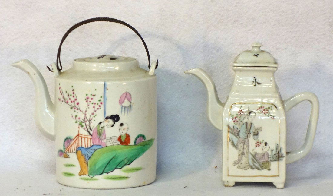 Two Chinese export tea pots with painted scenes of (1 of 3)