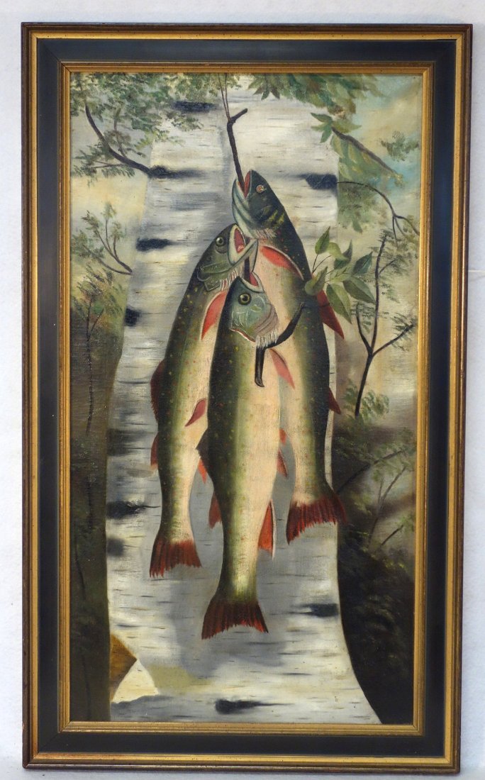 O/C Brook trout catch hanging from white birch tree - (1 of 3)