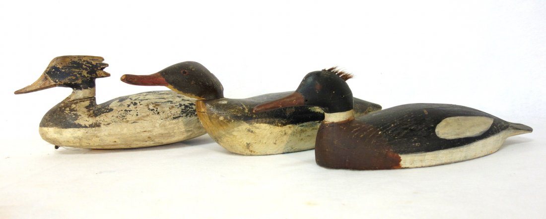 Three primitive Merganser decoys - each with some paint (1 of 10)