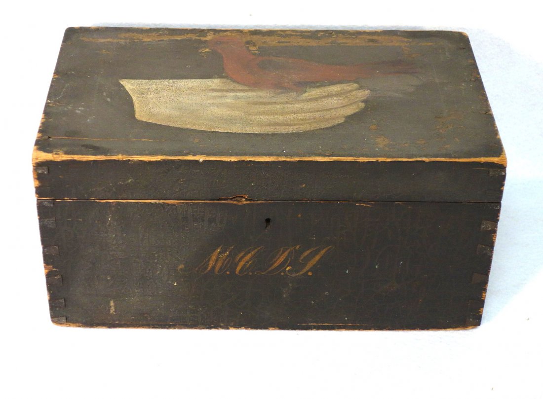 Early painted folk art document box in dark gray color (1 of 4)