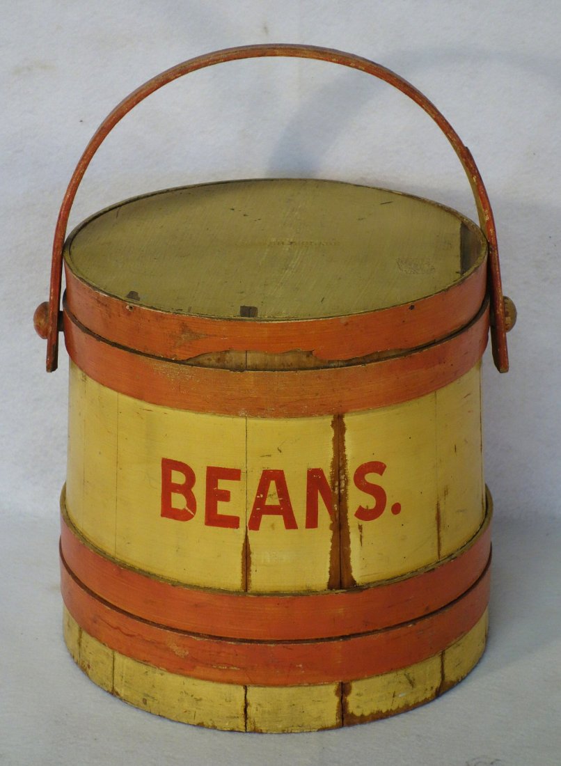 Firkin in old salmon and yellow paint marked "BEANS": Firkin in old salmon and yellow paint marked "BEANS" across the front and top stamped Derp Clark. Probably early 20th century.