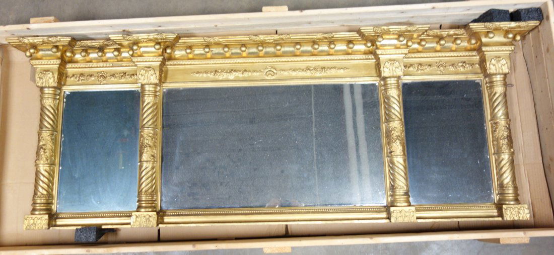 Large Sheraton 3 section gilded over mantle mirror - (1 of 9)