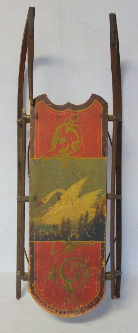 Early child's sled with hand painted swan and scroll (1 of 5)