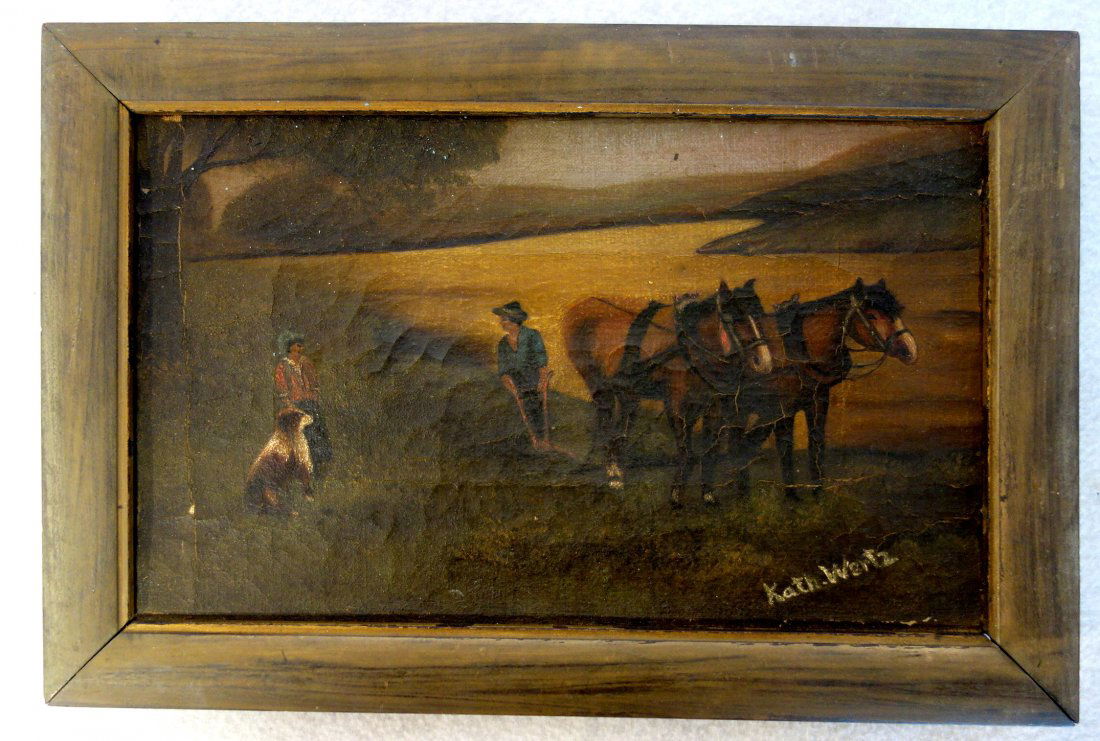 O/C Primitive farm scene with man plowing field with (1 of 3)